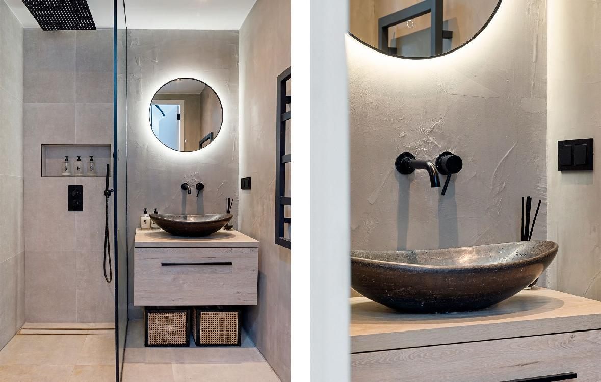 Badkamer met betonlook stucwerk, waskom en inloopdouche